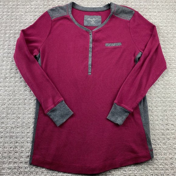 Eddie Bauer Shirt Men XXL 2XL Burgundy Gray Long Sleeve T-Shirt 1/4 Button Up - Picture 1 of 11
